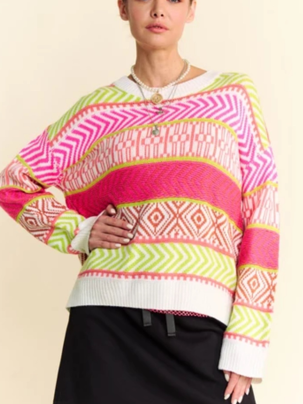 DAVI & DANI Fair Isle Mixed Print Neon Dopamine Pullover Sweater Size 1XL NWT